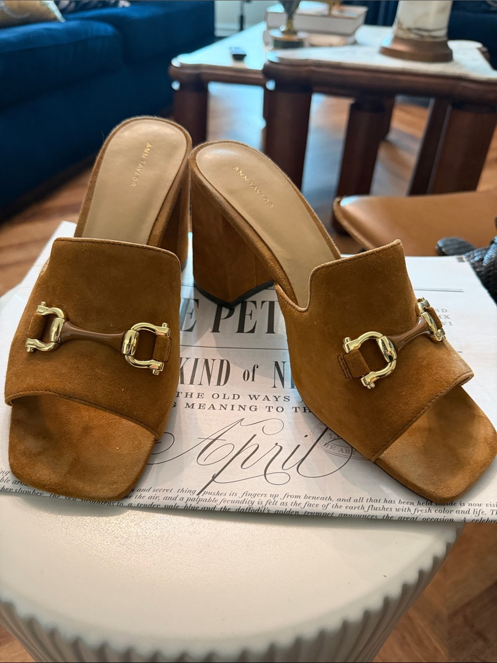 Ann Taylor Cognac Suede Block Heel Mules with Gold Bit